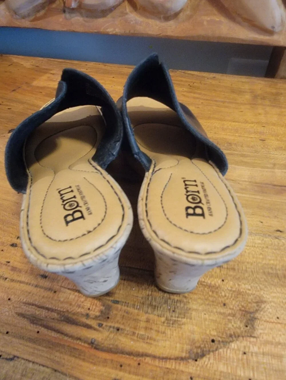 Born Size 7 Black Leather Cork Wedge Slide Sandals w/ 3